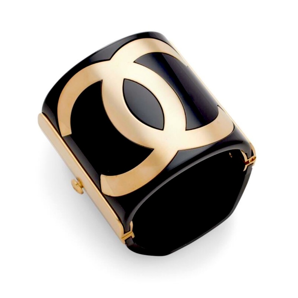 Chanel black enamel cuff with brass CC